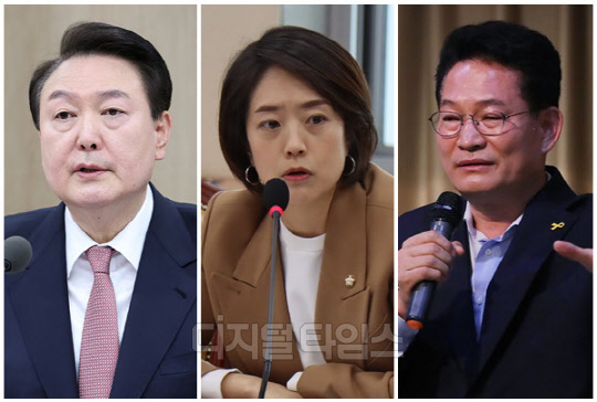 (왼쪽부터) 윤석열 대통령, 고민정 더불어민주당 의원, 송영길 전 민주당 대표. <디지털타임스 DB, 연합뉴스>